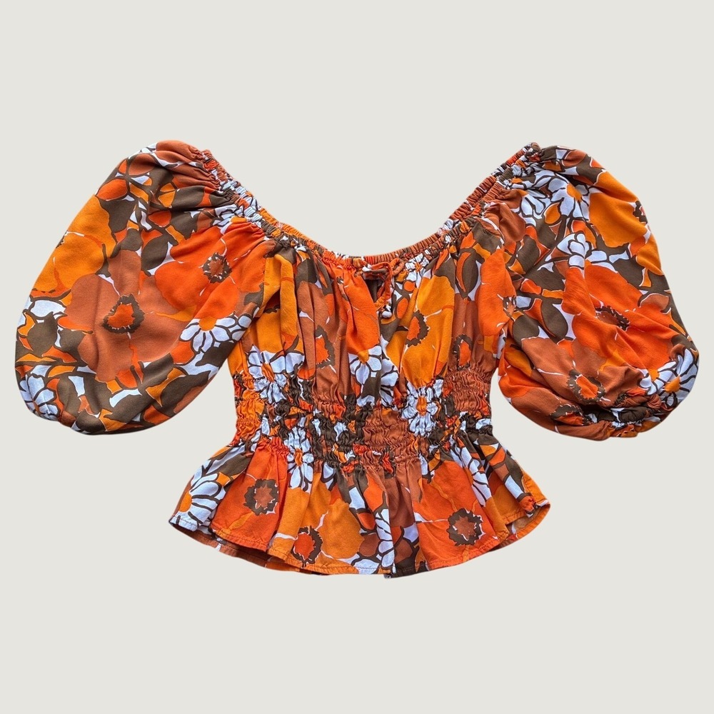Faithfull The Brand Orange Floral Smocked Peplum Puff Sleeve Top USA 8 L